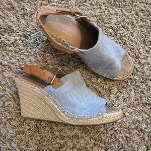 Toms Blue Denim Espadrille Wedge Sandals with Tan Strap